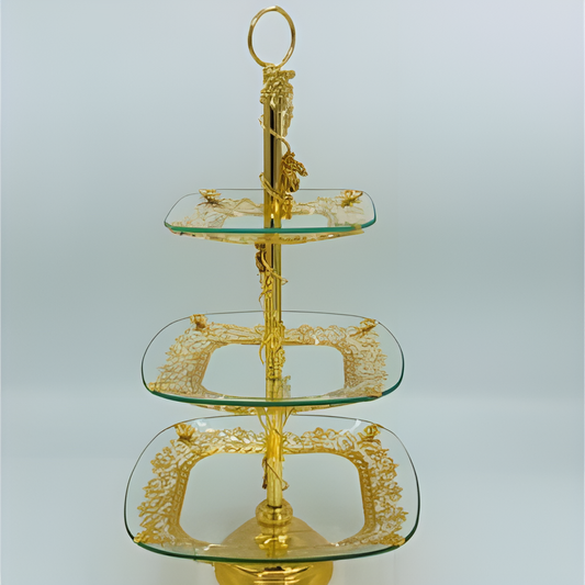 Etagere aus 3 lagigem Glas, quadratisch, goldfarben - Saidi Lebensmitel